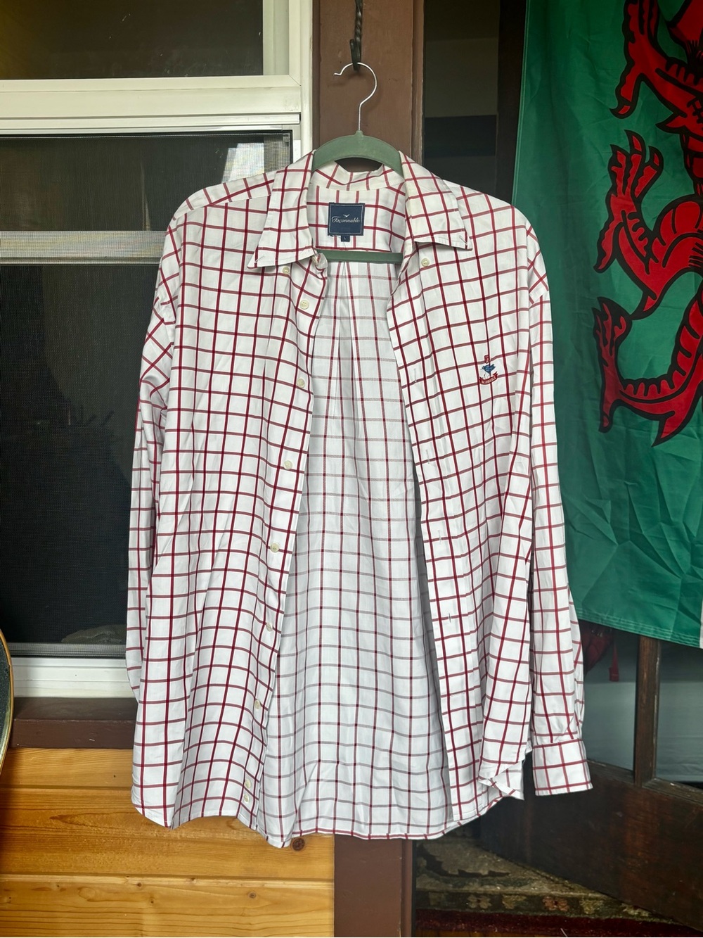 Faconnable White Button-Down Shirt with Red Windowpane Check